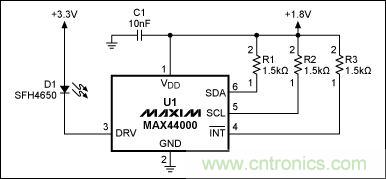 圖1：MAX44000典型電路，包括LED