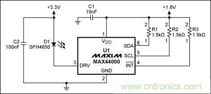 圖2：MAX44000典型電路，帶有發(fā)射器旁路