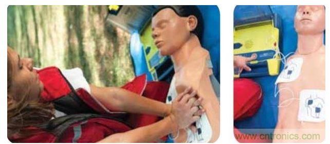胸部按壓CPR(左圖)迫使血液循環，為大腦及其它生命器官供血，直到AED重啟心臟(右圖)。